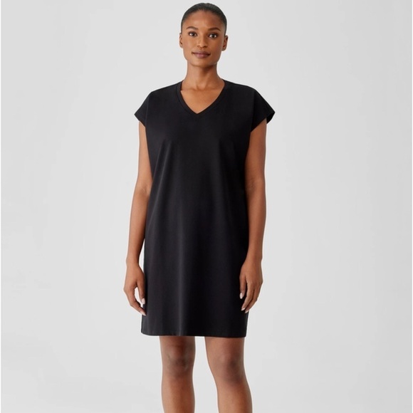 Dresses & Skirts - Eileen Fisher Dress Soft Black Organic Jersey Cotton Stretch V-Neck Cap Sleeve M